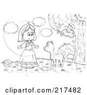 Royalty Free RF Clipart Illustration Of A Coloring Page Outline Of A Girl Talking To A Fawn