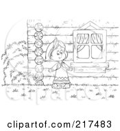 Poster, Art Print Of Coloring Page Outline Of A Girl Standing By A Log Cabin