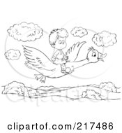 Royalty Free RF Clipart Illustration Of A Coloring Page Outline Of A Boy Flying On A Goose