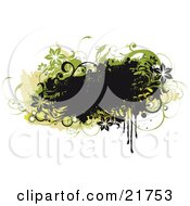 Poster, Art Print Of Grunge Black Text Box With Black And Green Flowers Circles And Vines