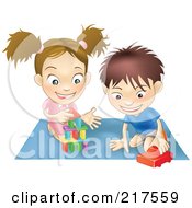 Poster, Art Print Of White Boy And Girl Playing With Toys On A Floor Together