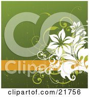 Poster, Art Print Of Blank Orange Text Bar With Green And White Flowers Over A Grunge Green Background