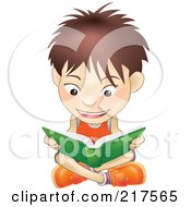Poster, Art Print Of White Boy Sitting On A Floor And Reading A Green Book