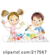 Poster, Art Print Of White Boy And Girl Hand Painting And Painting Together