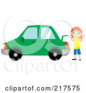 Friendly Red Haired Girl Raising The Trunk Of Her Red Car And Waving