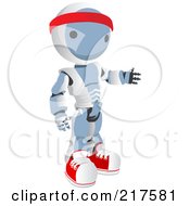 Blue Ao-Maru Robot Wearing Fitness Gear And Gesturing