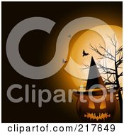 Poster, Art Print Of Terrifying Halloween Jackolantern Pumpkin Wearing A Witch Hat By A Dead Tree Under Bats And A Full Moon