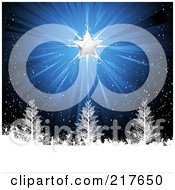 Poster, Art Print Of Shining Silver Christmas Star On A Snowy Blue Background With Trees