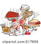 Royalty Free RF Clipart Illustration Of A Cow Holding Ribs Chicken Carrying A Pulled Pork Sandwich And Pig Carrying A Roasted Chicken by LaffToon #COLLC217655-0065