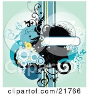 Clipart Picture Illustration Of A White Text Box With Black Blue White And Orange Vines And Circles Over A Blue Background