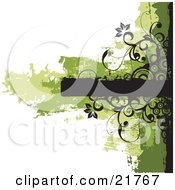 Poster, Art Print Of Blank Black Text Box With Green And Black Grunge Smears Flowers Circles And Vines On White