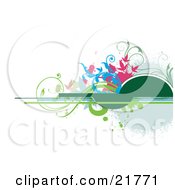 Clipart Picture Illustration Of Blue Pink And Green Curly Vines Over Green Half Circles And Lines On A White Background