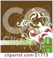 Poster, Art Print Of Blank Green Text Bar With Pink Green And White Circles Splatters And Vines On A Brown Background