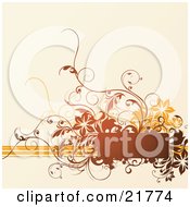 Poster, Art Print Of Brown Blank Text Space With Orange And Brown Lines And Flowers Over A Tan Background