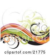 Clipart Picture Illustration Of A Green Leafy Vine Emerging From Pink Orange Brown Black And Green Waves On A White Background