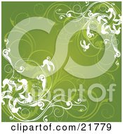 Clipart Picture Illustration Of Curling Green And White Flowers And Vines Over A Green Background