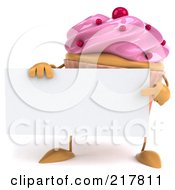Royalty Free RF Clipart Illustration Of A 3d Strawberry Frosted Cupcake Holding A Blank Sign Board