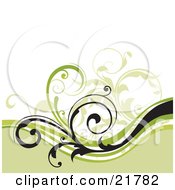 Clipart Picture Illustration Of Green And White Waves Under Black And Green Curly Vines On A White Background