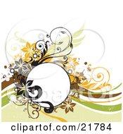 Poster, Art Print Of Blank White Text Circle With Green Orange Black And Brown Flowers Circles And Vines On A White Background