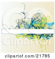 Poster, Art Print Of Blank White Text Box With Brown Blue And Green Splatters Flowers And Vines Over A Gradient Background