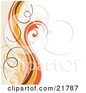 Vertical Orange Yellow Brown And Tan Vines And Waves Curling Vertically Over A White Background