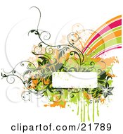 Poster, Art Print Of White Text Box With Green Brown And Orange Paint Splatters Flowers And Vines And A Rainbow On A White Background