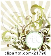 Poster, Art Print Of Blank White Circle For Text Space With Brown And Green Circles And Vines Over A Bursting Background