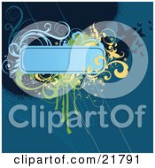 Clipart Picture Illustration Of A Blue Text Box With Blue Green Black And Yellow Splatters Vines And Butterflies On A Deep Blue Background by OnFocusMedia