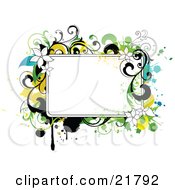 Clipart Picture Illustration Of A Blank White Text Box With White Yellow Black And Green Splatters Flowers And Vines