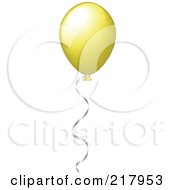 Poster, Art Print Of Shiny Yellow Party Balloon Floating With Helium A Silver Ribbon Attached