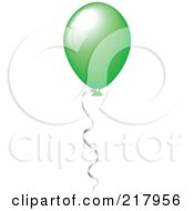 Poster, Art Print Of Shiny Green Party Balloon Floating With Helium A Silver Ribbon Attached