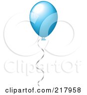 Poster, Art Print Of Shiny Blue Party Balloon Floating With Helium A Silver Ribbon Attached