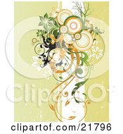 Clipart Picture Illustration Of A White Vertical Line With Green Black And Orange Flowers Circles And Trees Over A Grunge Background