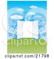 Poster, Art Print Of Blank Open Presentation Board With Blue Vines On A Green Hill Under A Cloudy Blue Sky