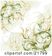 Clipart Picture Illustration Of Green Elegant Vines With Orange Flowers Over A Tan And White Background