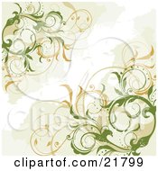 Poster, Art Print Of Green Elegant Vines With Orange Flowers Over A Tan And White Background