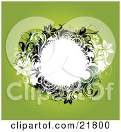 Clipart Picture Illustration Of A White Circle Text Space With White Black And Green Vines Flowers And Circles On A Green Background