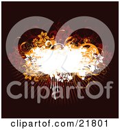 Clipart Picture Illustration Of A White Text Box With Orange And Red Flowers And Vines Over A Burst And Brown Background