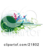 Clipart Picture Illustration Of Pink Green And Blue Vines Over A Green Circle And Lines Over White