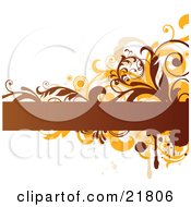 Poster, Art Print Of Blank Brown Text Bar With Orange And Brown Splatters Circles And Vines On A White Background