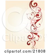 Clipart Picture Illustration Of A Vertical Red Leafy Vine With Circles And Leaves Over A Gradient Tan Background