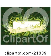 Clipart Picture Illustration Of A White Text Box With A Yellow Banner And Green Flowers And Scrolls On A Bursting Green Background
