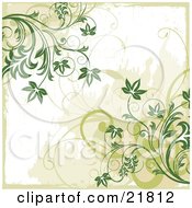 Clipart Picture Illustration Of Corners Of Dark Leafy Plants And Curly Vines Over A White And Tan Background