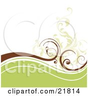 Clipart Picture Illustration Of Green And White Waves With Brown And Leafy Vines Over White