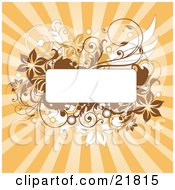 Poster, Art Print Of Blank White Text Box With Brown And White Flowers Circles Splatters And Vines Over A Bursting Orange Backgroun