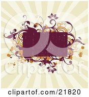Clipart Picture Illustration Of A Red Worn Text Space With Red And Orange Flowers Circles Splatters And Vines On A Bursting Green Background