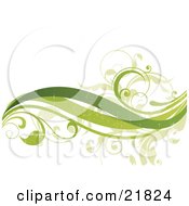Three Green Waves And Leafy Vines With Fading Texturing On A White Background