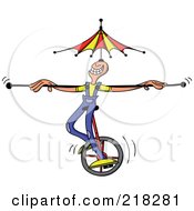 Circus Man Riding A Unicycle With A Bar And Umbrella Balanced On His Head