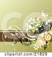 Poster, Art Print Of Horizontal Brown Line With Black White Orange And Green Circles Flowers And Vines Over A Green Background