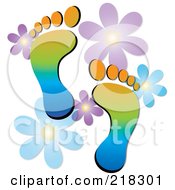 Pair Of Colorful Human Footprints With Flowers